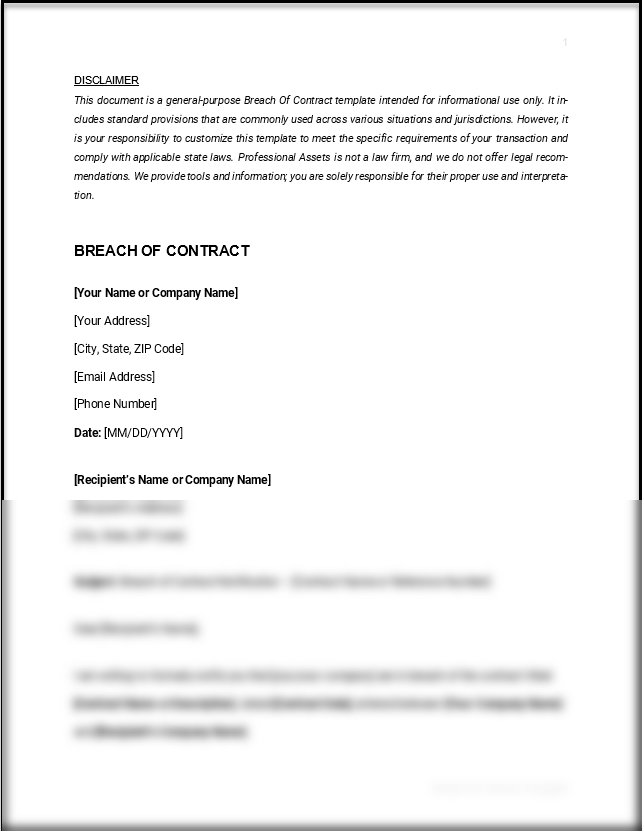 Breach of Contract- Customizable - Word PDF